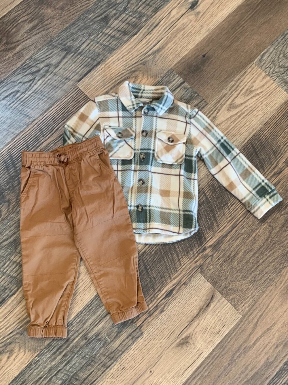 Boys size 3T Pekkle Tan/Green Plaid Fleece Button Up Shirt & Carter's Brown Pant